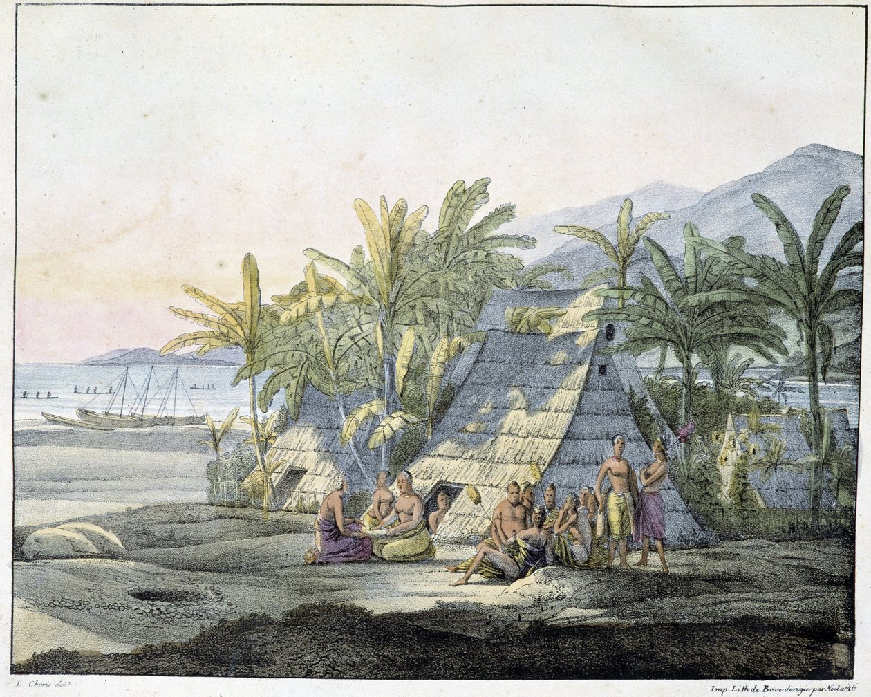 Utsikt på Sandwichöarna - i "" Utsikter och landskap i dagjämningsregionerna, samlade på en resa runt världen"", sd. tidigt 1800-tal av Unknown artist