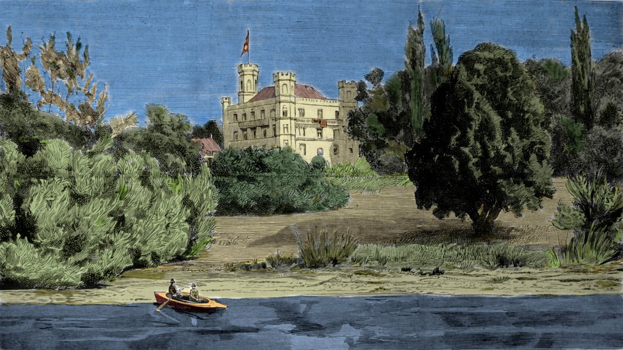 Utsikt över Bergs slott och sjön Stamberg där kroppen av Ludvig II av Baviere hittades (Ludwig II von Bayern eller Ludwig Otto Frederik Wilhelm von Wittelsbach (1845-1886)). av Unknown artist