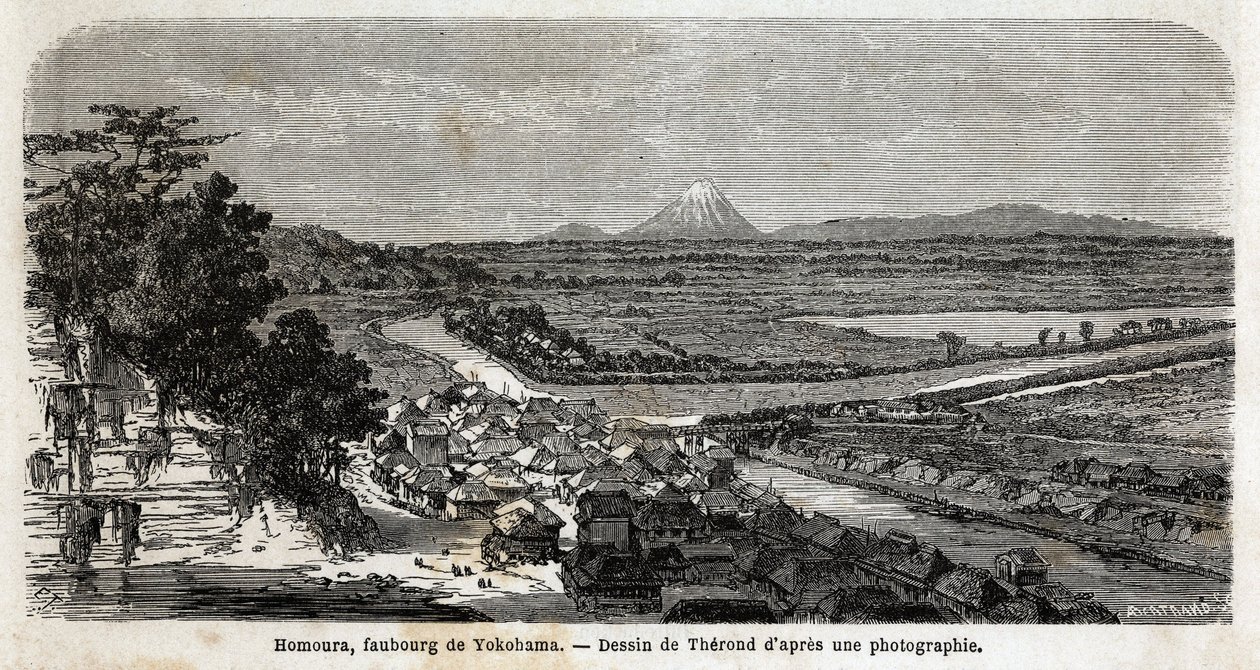 Utsikt över Homoura, förort till Yokohama, med berget Fuji i bakgrunden. Gravyr för att illustrera resan till Japan 1863-1864, av Aime Humbert, minister för Schweiziska edsförbundet, i "Le tour du monde, nouveau journal des voyages", publicerad under av Unknown artist