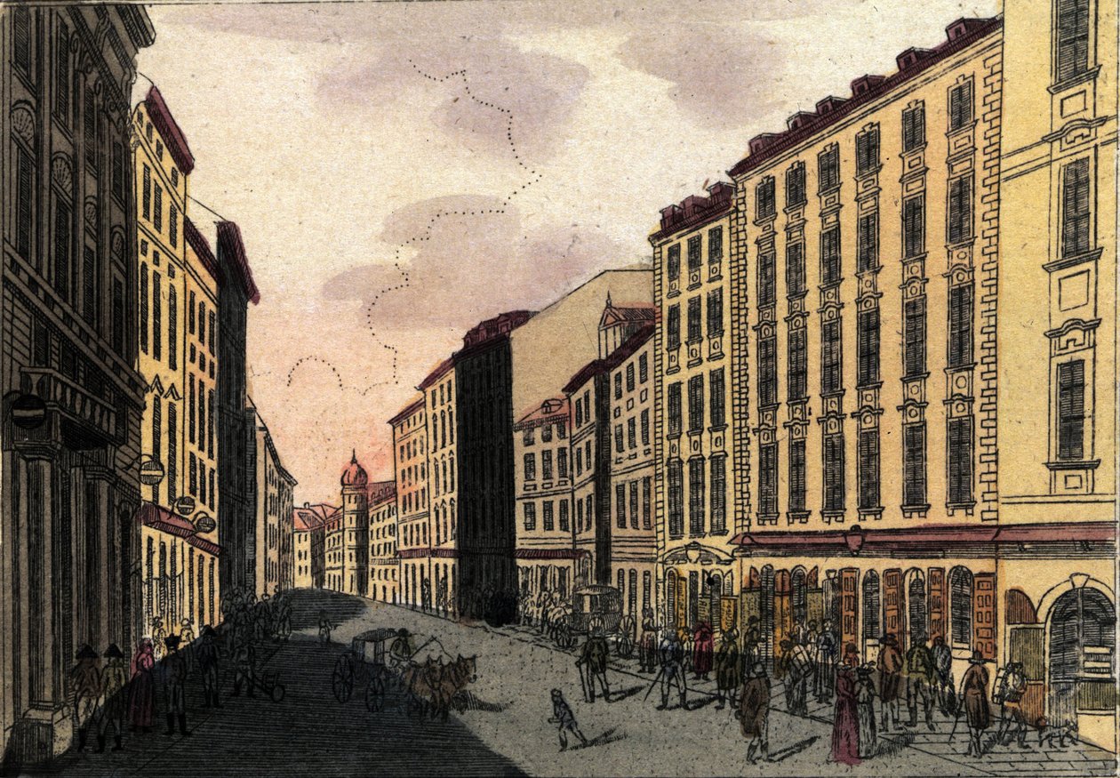 Vy över Kohlmarkt Street i Wien, Österrike Gravyr från 1820 av Unknown artist
