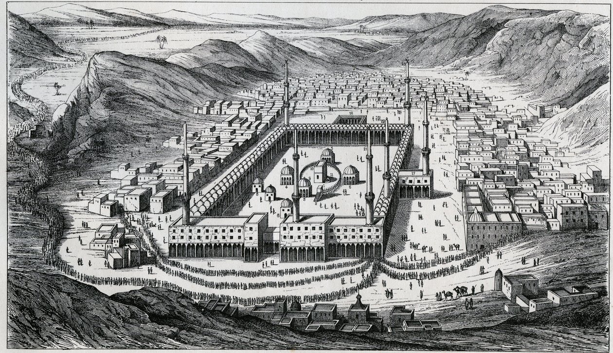 Utsikt över Mecka och dess stora moské vid tiden för pilgrimernas besök - gravyr från 1800-talet av Unknown artist