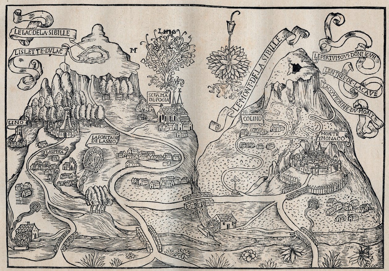 Utsikt över Mount Sibille (Drottning Sybilles paradis) (Dubbelkarta över Mount Pilatus och Mount Sibyl) - Antoine de La Sale (La Salle) fransk satirförfattare från 1400-talet. av Unknown artist