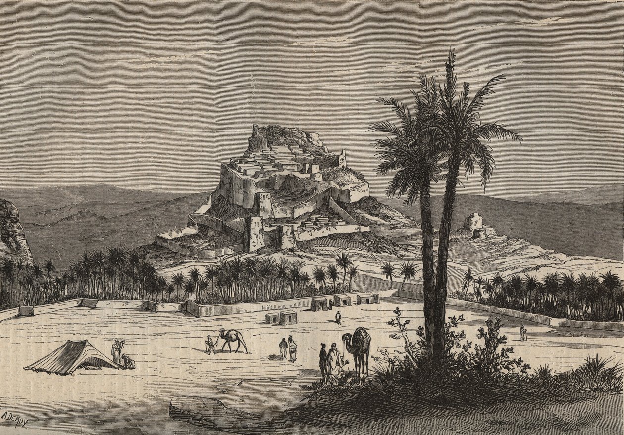 Utsikt över Oued el Golea (El Menia eller El Menea tidigare El Golea) i Algeriet i södra provinsen Oran i slutet av 1800-talet - gravyr av Unknown artist