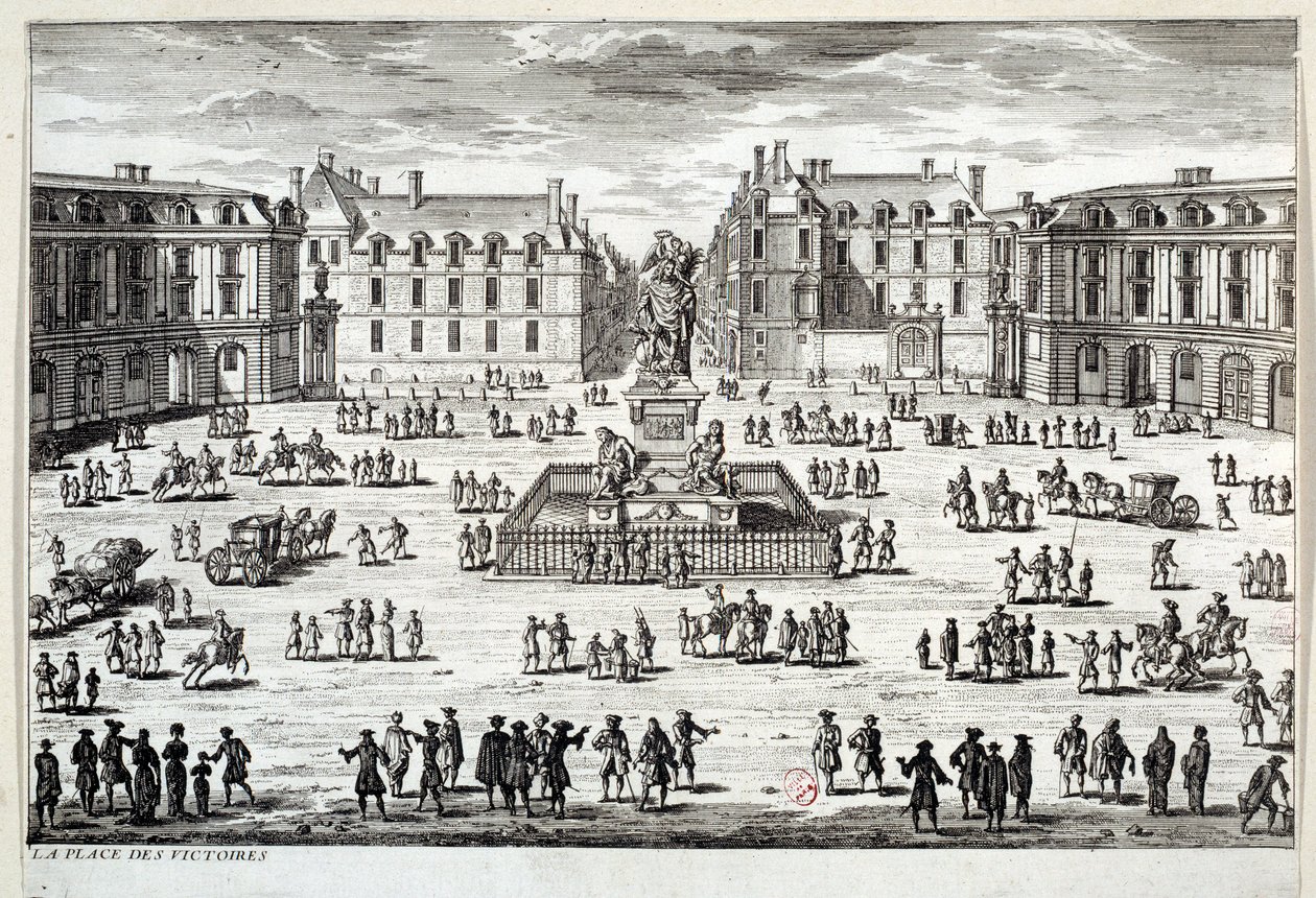 Vy över Place des Victoires i Paris med statyn av Ludvig XIV rest av marechal de la Feuillade 1686. Gravyr av 1600-talets Paris, Musee Carnavalet av Unknown artist