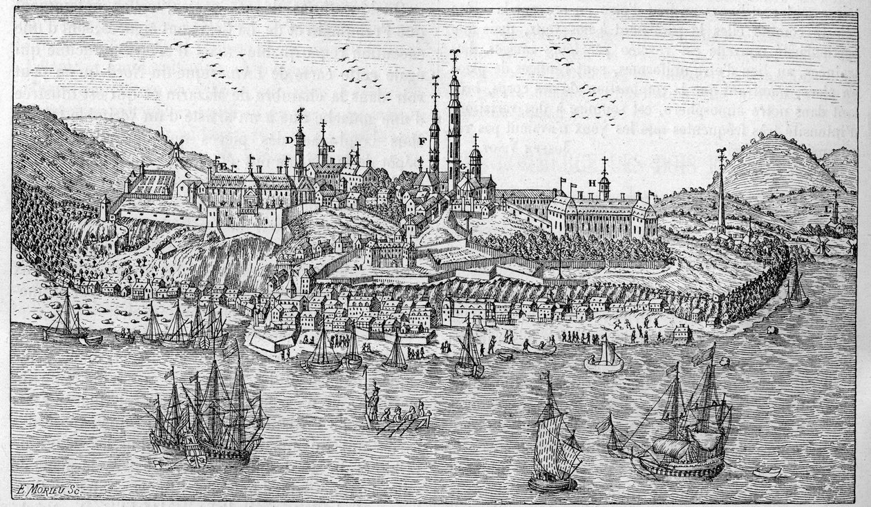 Utsikt över Quebec City i Kanada (slutet av 1600-talet): A. Jardin du fort. B. Fortet. C. Pulverförråd. D. Les Recollets. E. Ursulines. F. Jesviterna. G. Katedralen. H. Seminariet. I. Hotel Dieu. L. Allmänna sjukhuset. Herr L