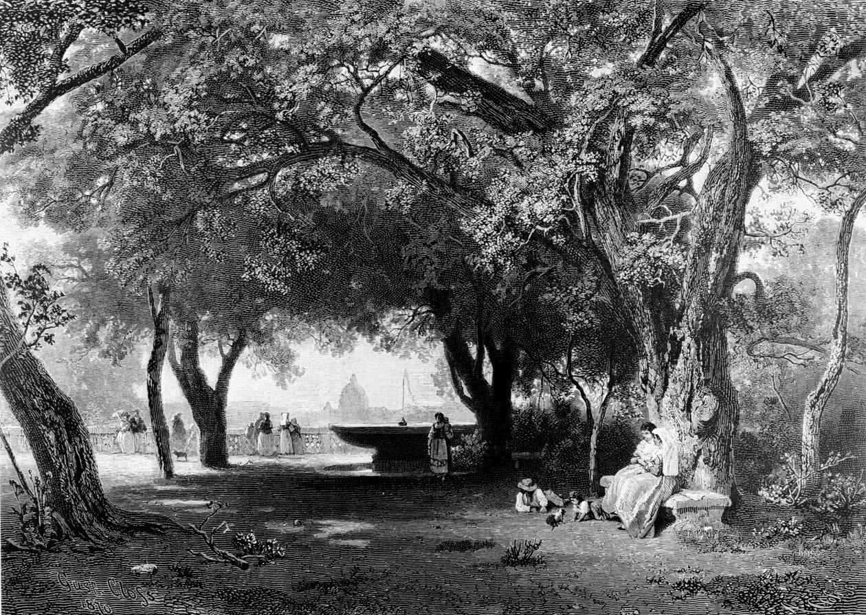 Utsikt över Rom från Pincio där Villa Medici står. I bakgrunden ser vi Peters kupol. Gravyr, ca 1840. av Unknown artist