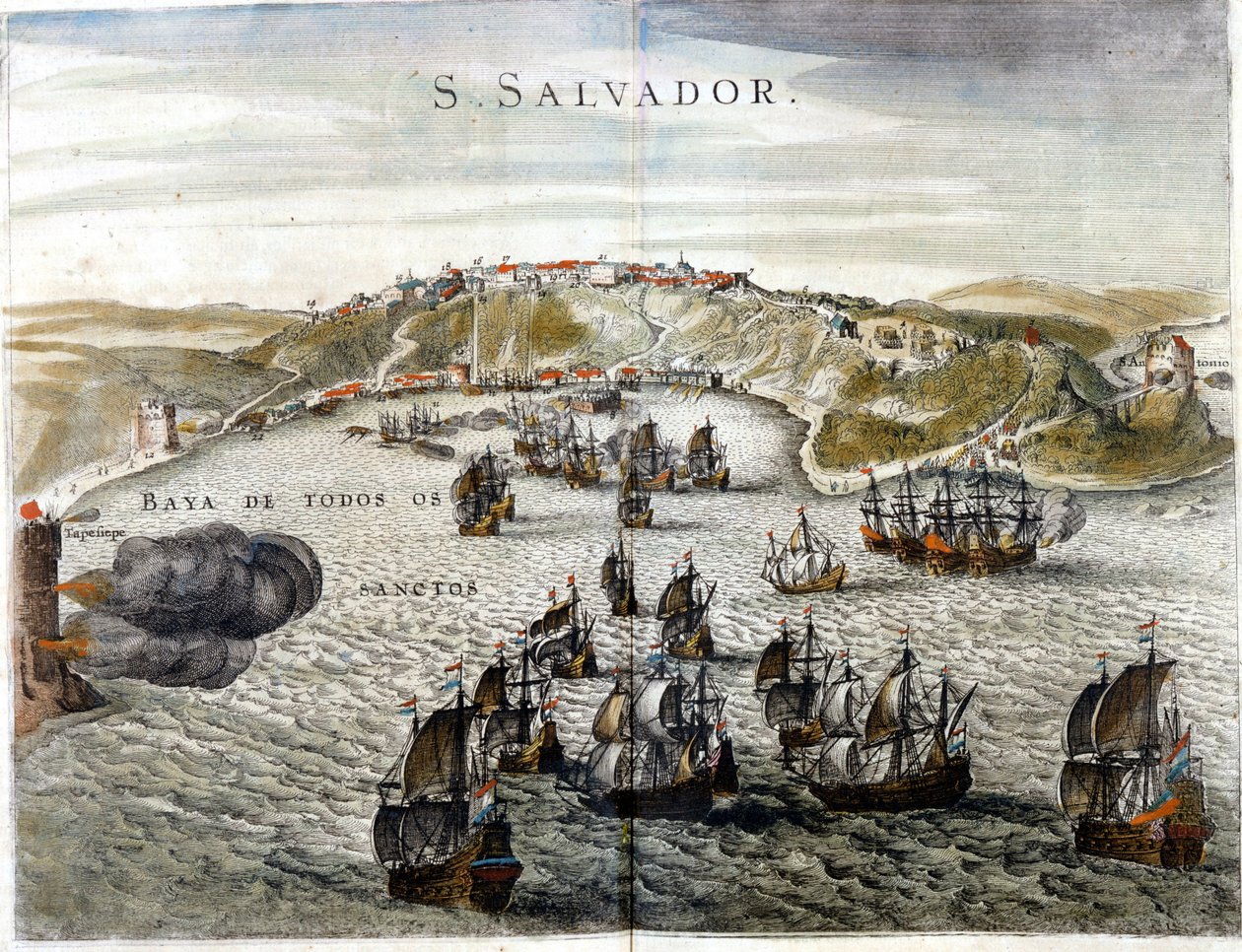 Utsikt över Salvador, tidigare känt som Bahia, Brasiliens huvudstad 1549, när den grundades - Gravyr av 1500-talet av Unknown artist