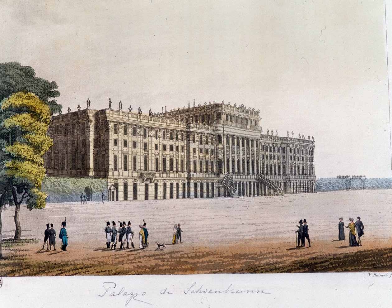 Vy över Schönbrunn Palace (Schoenbrunn) i Wien, Österrike. Gravyr från 1826 Privat samling av Unknown artist