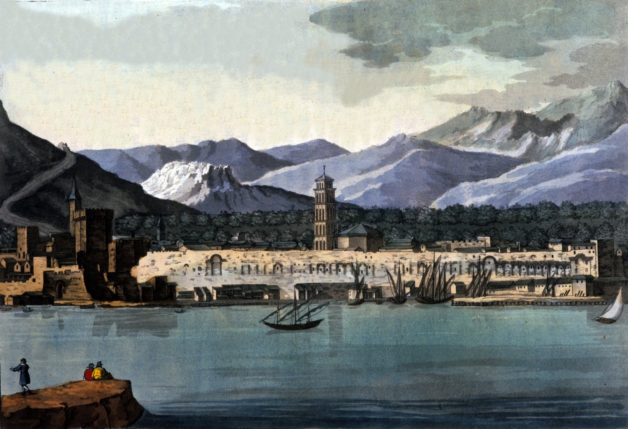 Vy över Split (Spalato), Kroatien, från havet. Akvarell från början av 1800-talet av Unknown artist