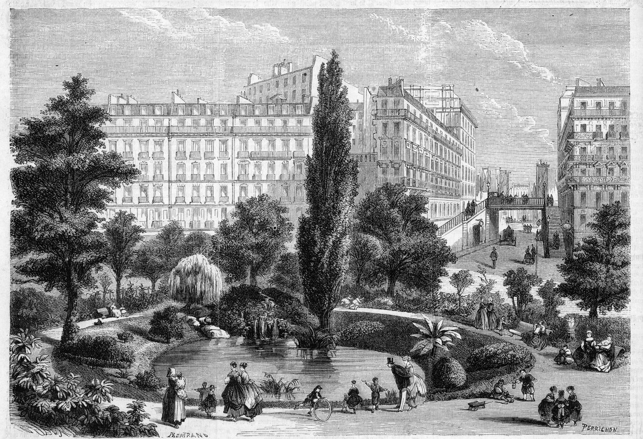 Utsikt över torget Montholon och bron över Rue Bellefond i Paris i 9:e arrondissementet. Gravyr i "The Universe illustrious" av Unknown artist