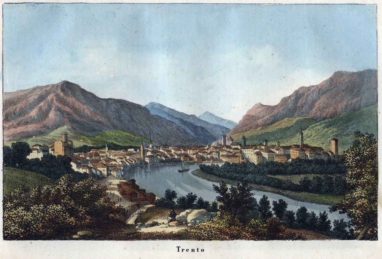 Vy över Trento (Sydtyrolen, Italien) (Trento) - 1800-talet - gravyr från "" Användningar och seder för alla folk i universum. Det är historien om regeringen, om lagarna, om milisen, om religionen för alla nationer från de mest avlägsna tider upp till dagar av Unknown artist