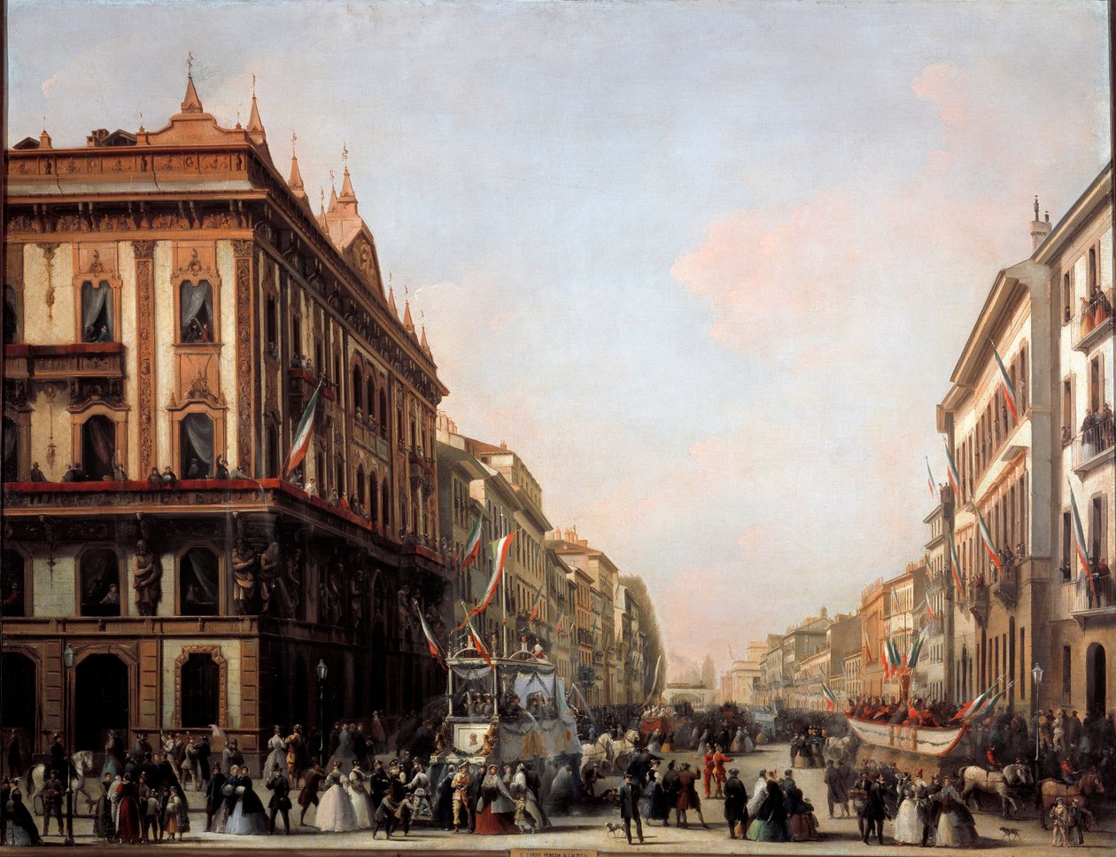 Utsikt över Venezia-gatan med karnevalsflotta, Milano (målning av Unknown artist