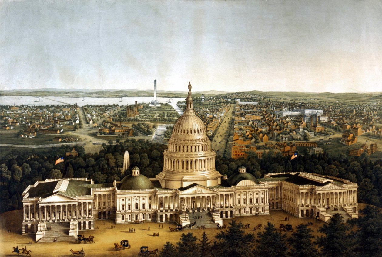 Utsikt över Washington och Vita huset i en föreställning från 1820. av Unknown artist