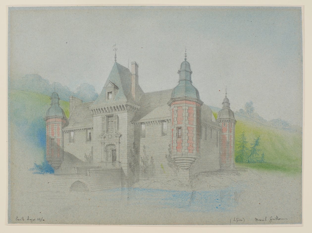 Vy över ett slott vid en flod av Unknown artist