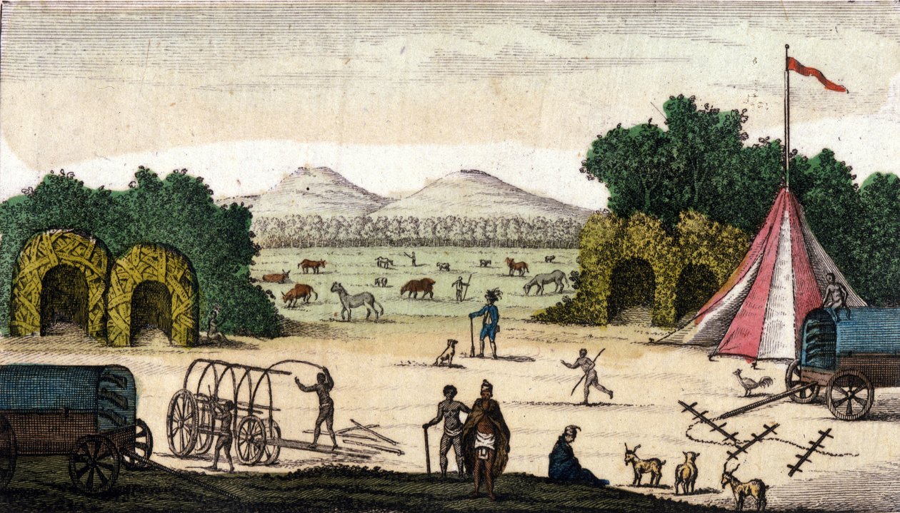 Utsikt över ett holländskt läger (från Pioneers Boers eller Voortrekkers, Afrikaners) i Pampoen Kraal (Pampoen-Kraal), Kapprovinsen, Sydafrika. 1860 av Unknown artist