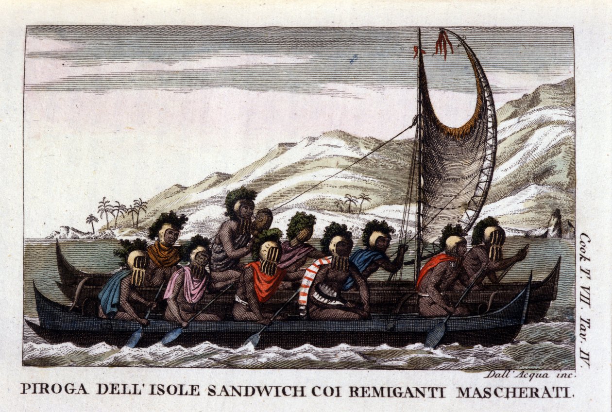 Utsikt över en kanot med segel från Hawaiiöarna i Polynesien, besättningen bär typiska masker. Litografi från början av 1800-talet av Unknown artist