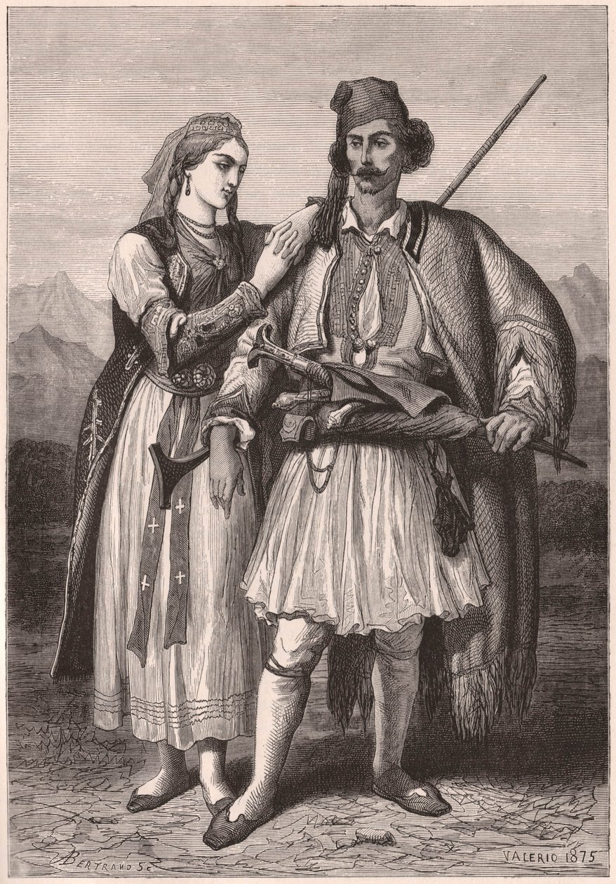 Vy över ett par i albansk traditionell dräkt under 1800-talet av Unknown