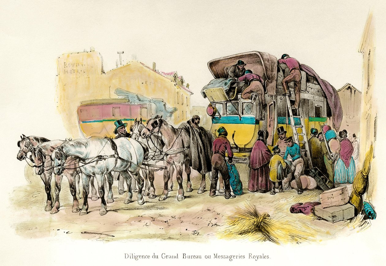 Syn på en flit av Grand Bureau eller Royal Messageries, tjänst instiftad av Anne Robert Turgot (1727-1781): lastning av passagerares bagage. Gravyr av privatsamlingen från 1800-talet av Unknown artist