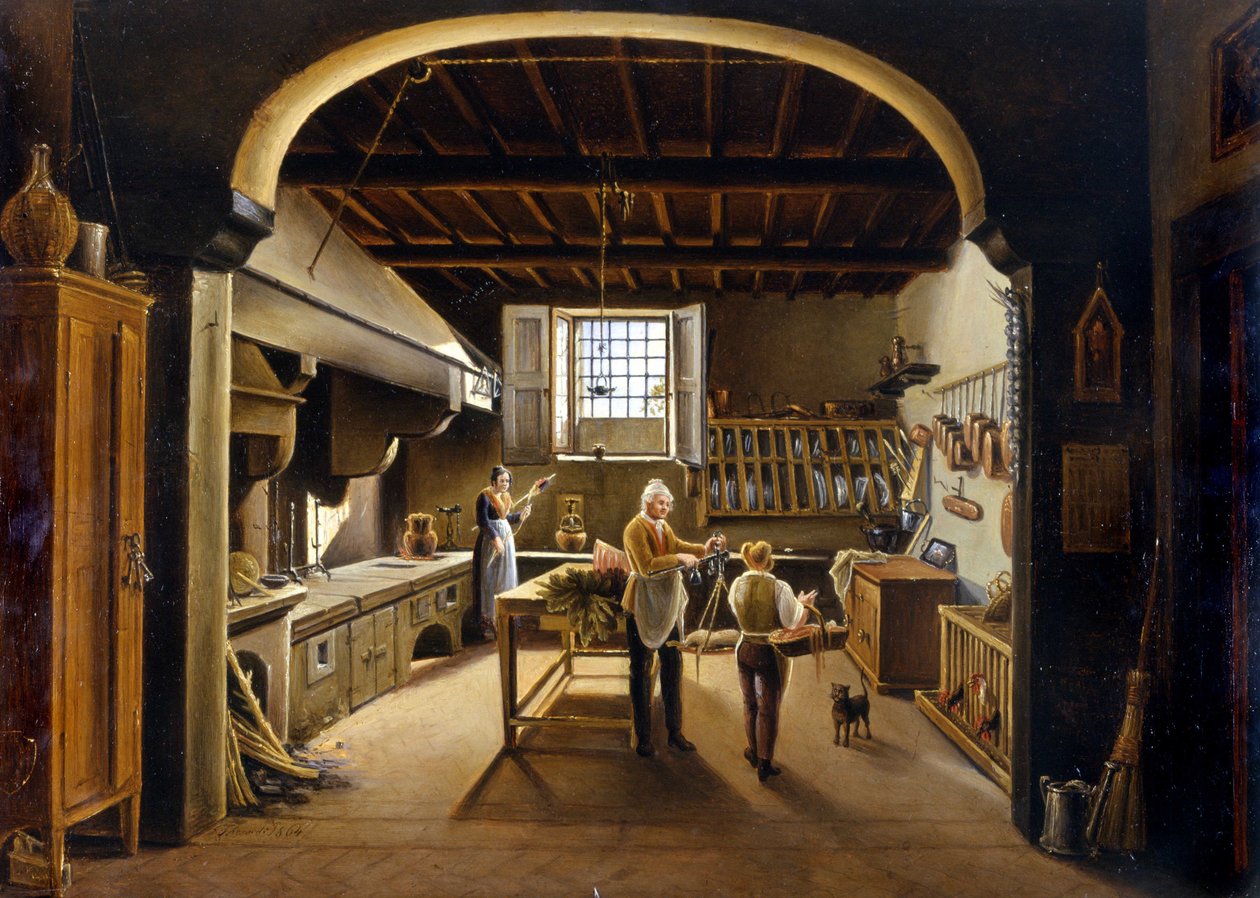 Utsikt över ett kök: människor är upptagna av Unknown artist
