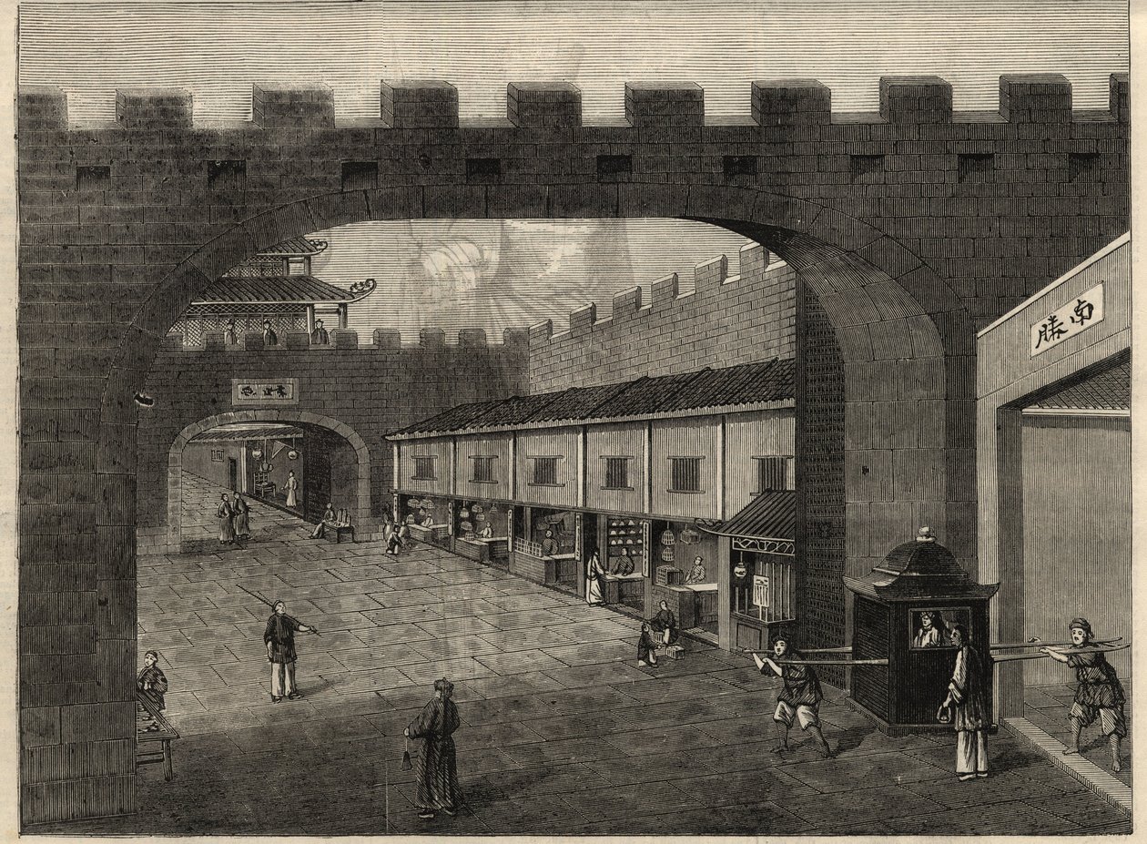 Vy över en gata i stadsmuren i Guangzhou, Kina. Gravyr i ""The Illustrated London News"" av 14 februari 1857. av Unknown artist