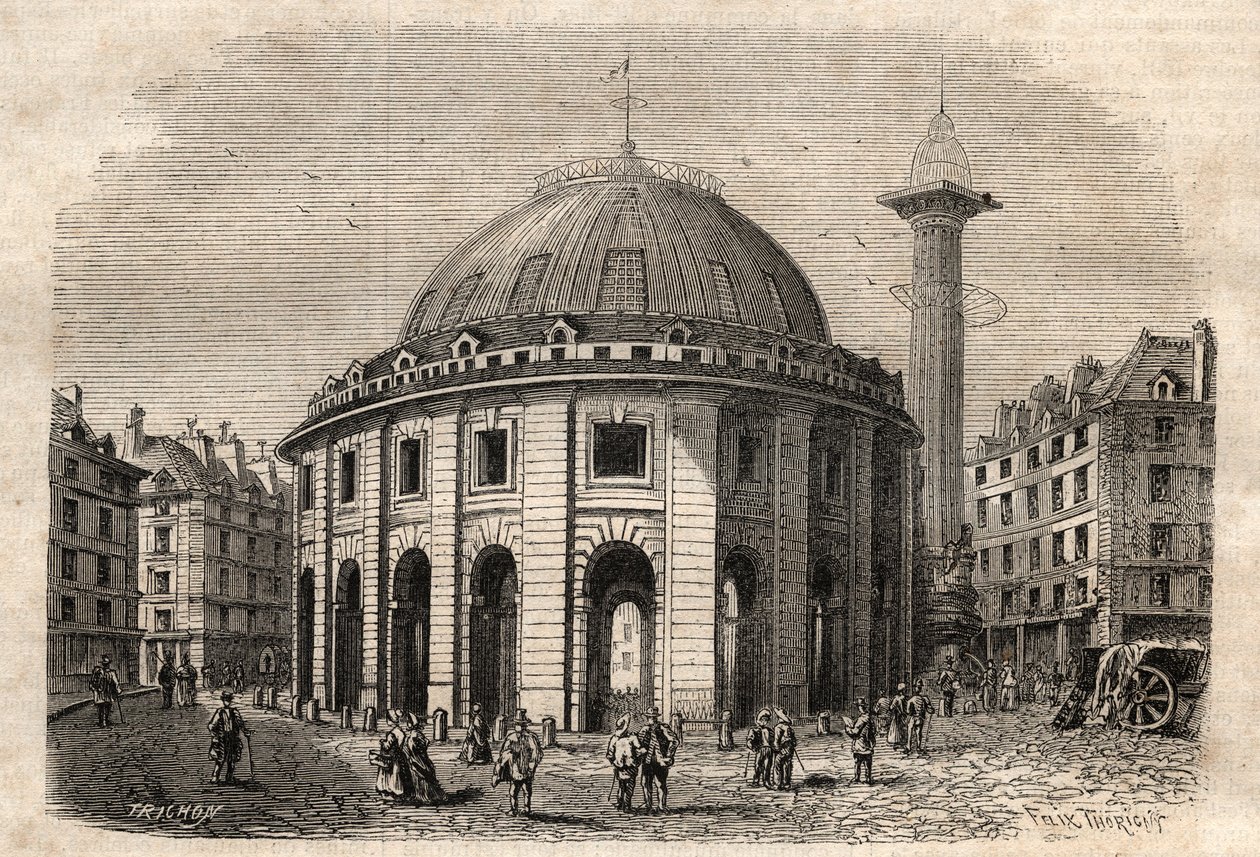 Vy över halle au ble i Paris (byggd 1763-1769) och Medici-kolumnen, gravyr från början av 1800-talet - vete- och majsbyte i Paris (byggd 1763-1769), gravyr tidigt 1800-tal - Vue de la Halle au ble, placeras på nuvarande Hotel de Soisso av Unknown artist