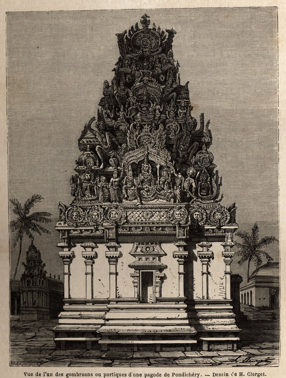 Vy över en av gombrooonerna eller portikerna i en pondichery-pagod (Pondicherry) (Indien). Gravyr för att illustrera en expedition till pagoden Chillambaran (Coromandel cote), från 1838 till 1844, av kontraamiralen Paris, chef för depot des cartes av Unknown artist