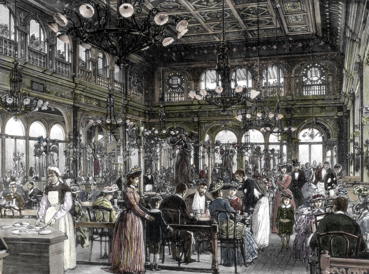 1880-1885 年にパリでアレクサンドル ・ デュバルによって設立された安価な労働者のレストラン (ブイヨン) の 1 つのビュー。19 世紀 (彫刻) スウェーデン語 av Unknown artist