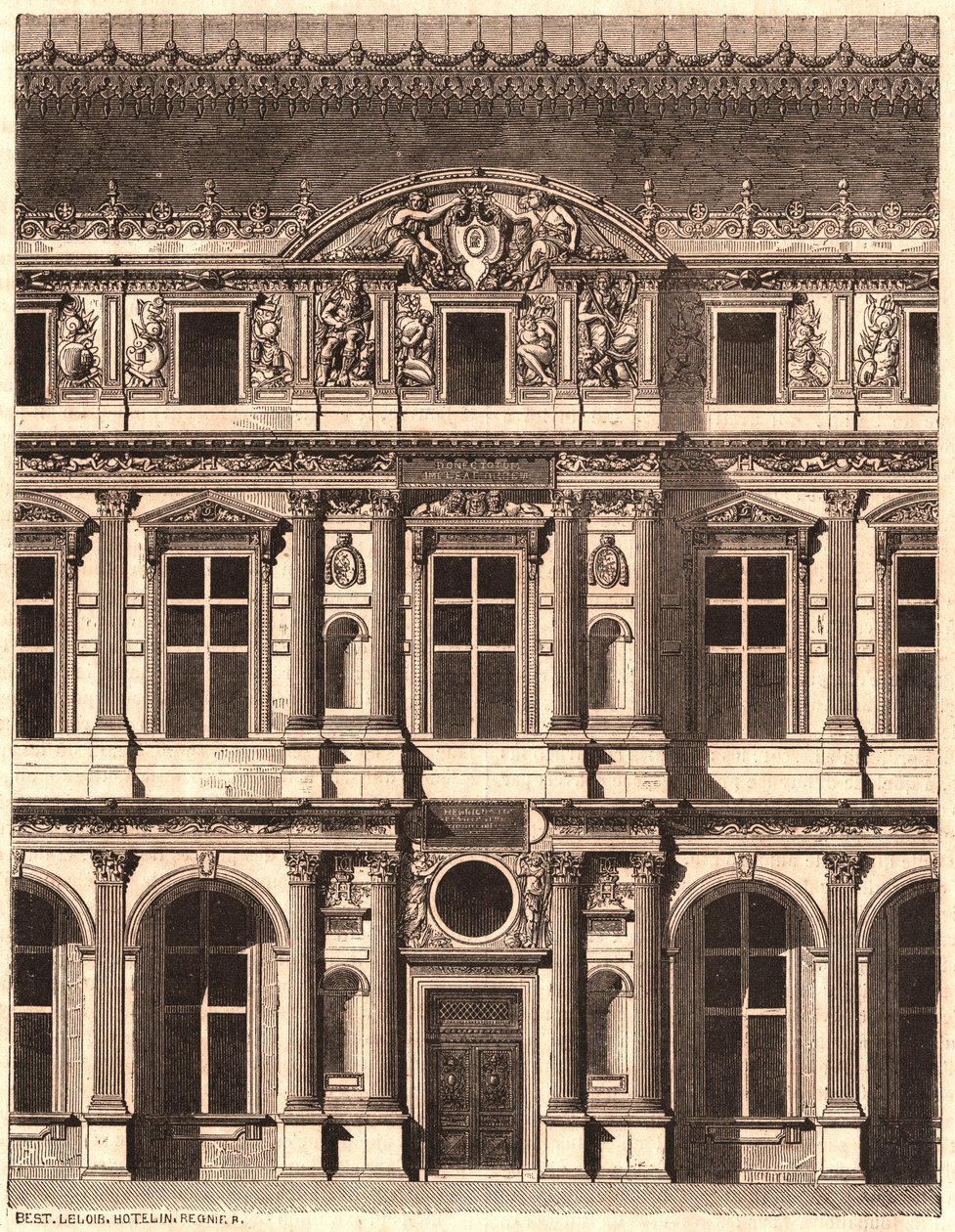 Vy över en del av framsidan av gården till Louvren, Paris, Frankrike av Unknown