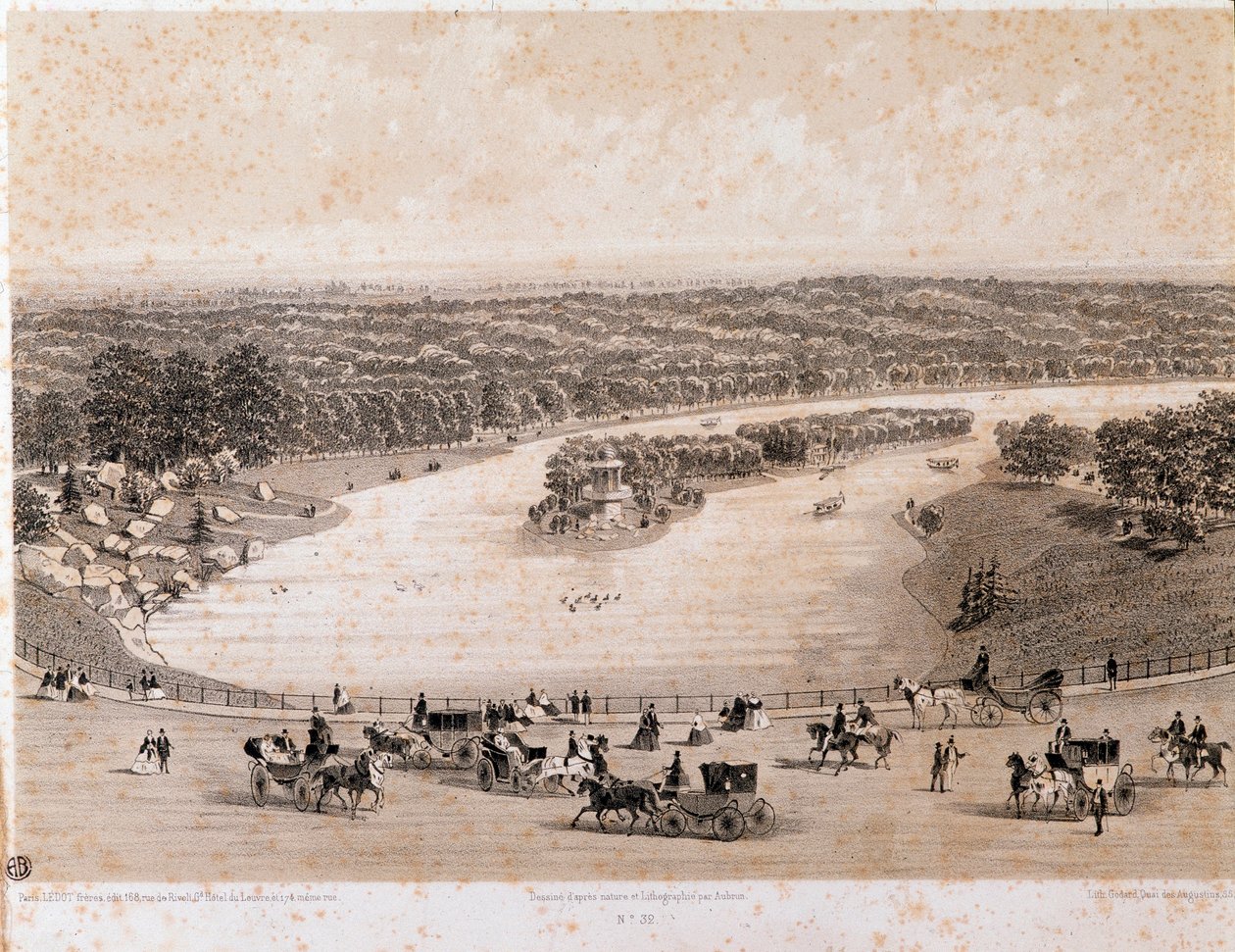 Utsikt över Bois de Boulogne i Paris. Litografi från 1850. Privat samling av Unknown artist