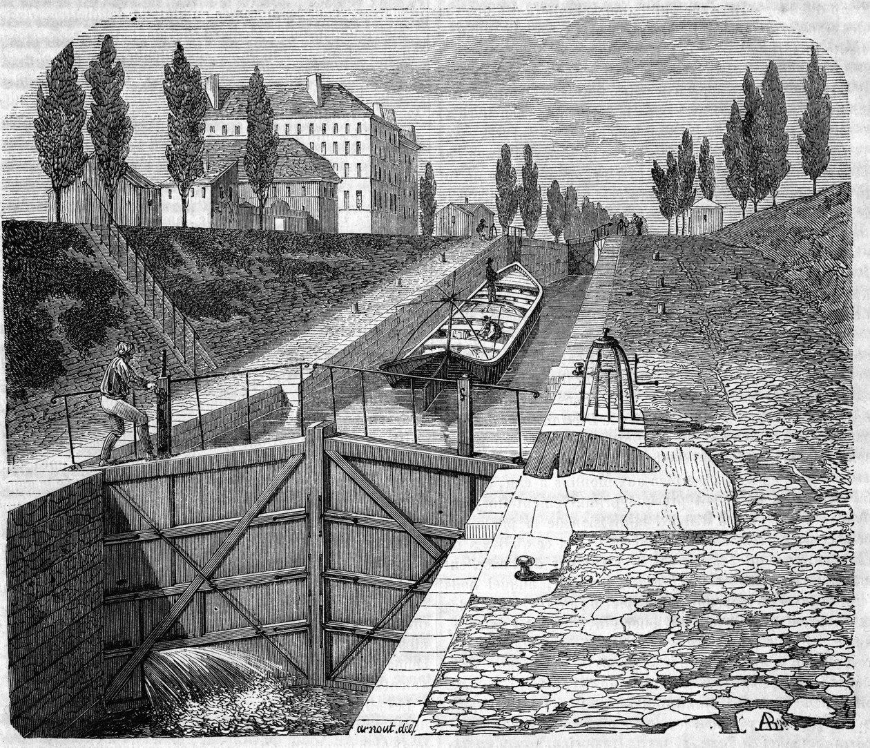Utsikt över Canal Saint Martin i närheten av Paris. av Unknown artist