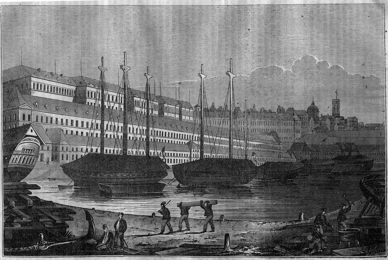 Utsikt över Corderies, Bagne och tornet Saint Louis (Saint-Louis) i Brest. I "" Den pittoreska butiken"" 1835 av Unknown artist