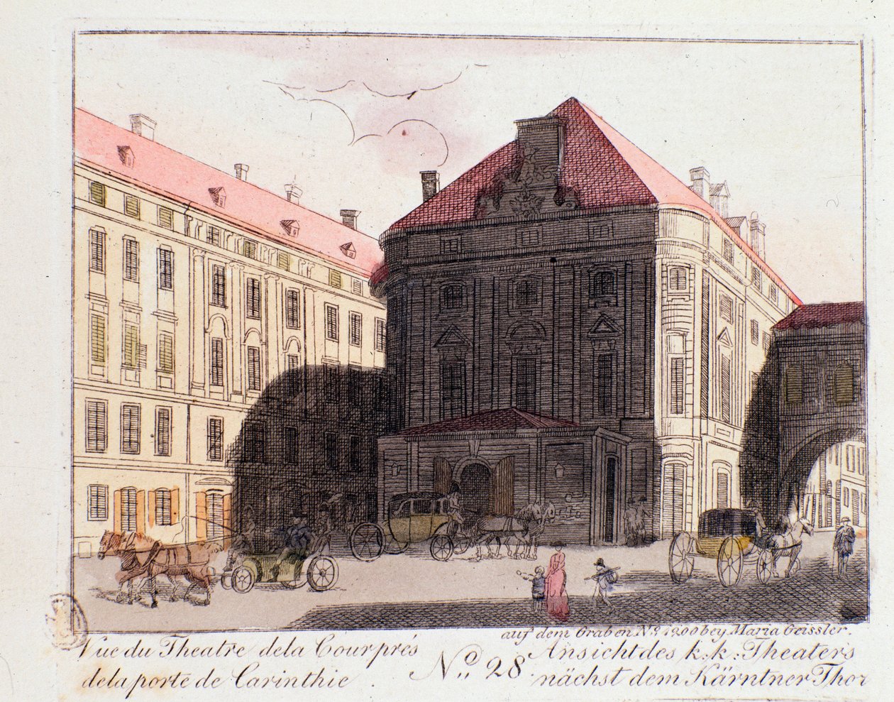 Utsikt över hovteatern nära Kärntenporten (Karntnertortheater eller Theater am Karntnertor) i Wien där Beethovens nionde symfoni först representerades den 07/05/1824. Österrike. Gravyr från 1815 privatsamling av Unknown artist