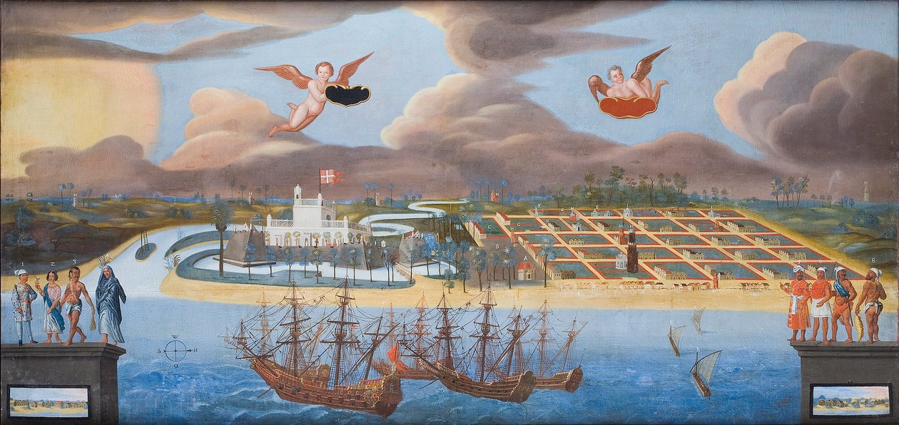 Utsikt över den danska kolonin Tranquebar i Indien, ca 1658 (olja på duk) av Unknown artist