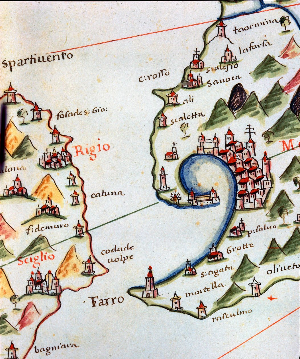 Vy över Detroit av Messina mellan Kalabrien och Sicilien i Italien. Detalj av portulan av Castellini av Unknown artist