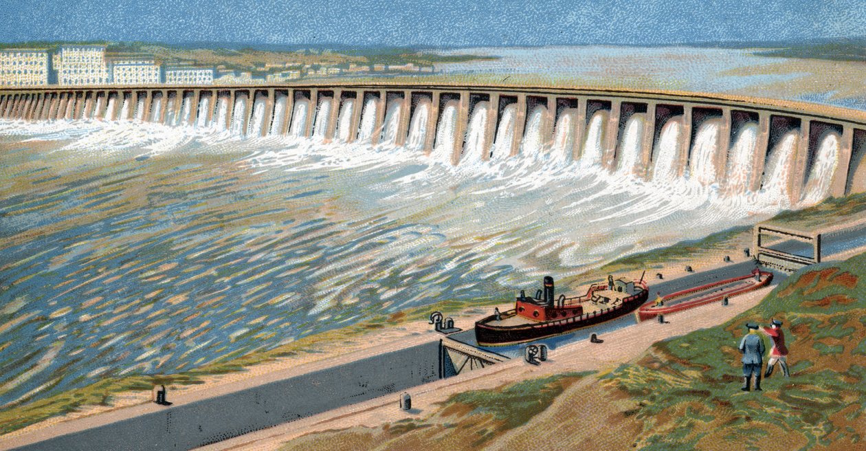 Vy över Dneprs vattenkraftverk eller Dneprostroi-dammen som byggdes för att stimulera den sovjetiska industrialiseringen av Iosef Stalin 1932 Kromolitografi av Unknown Artist