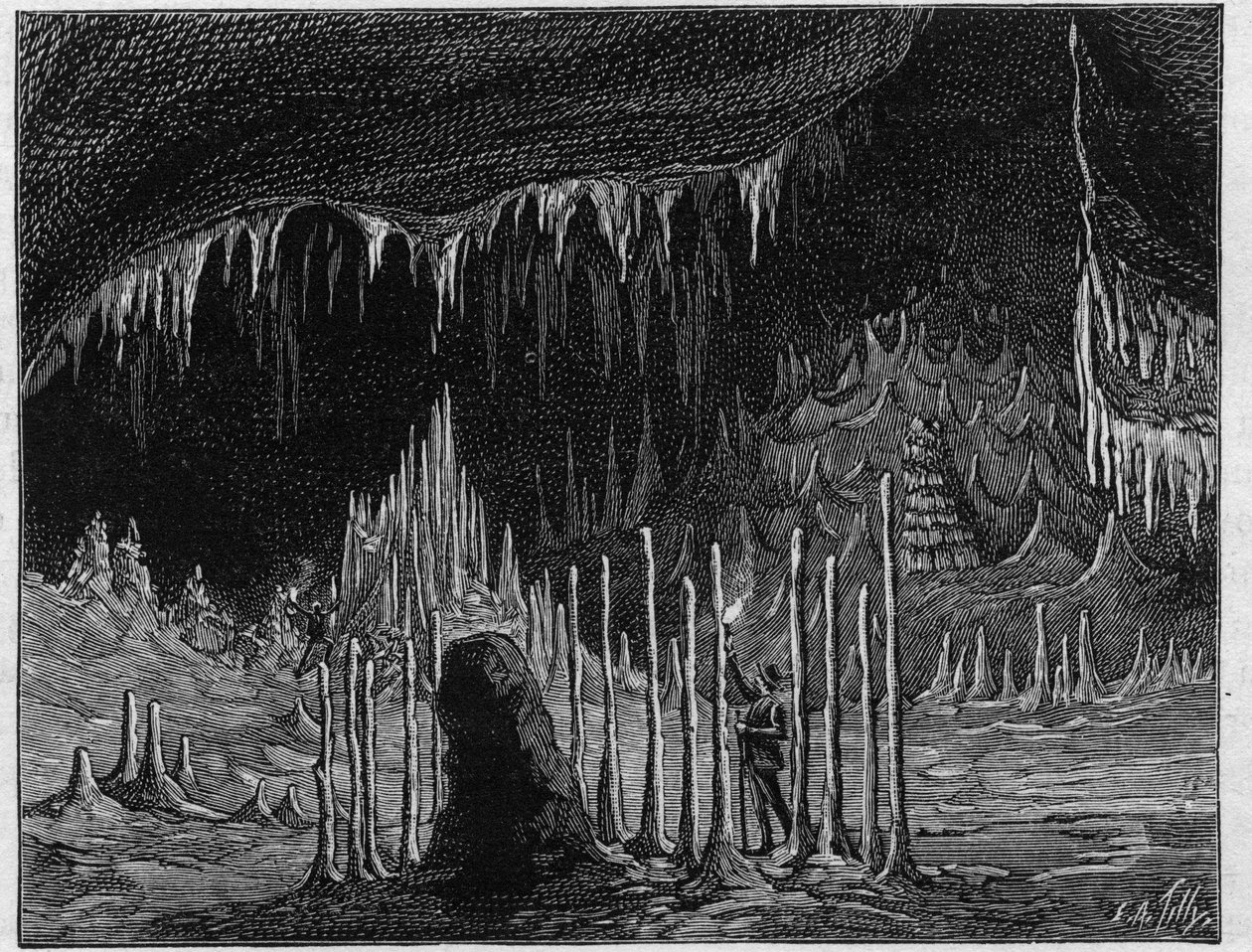 Utsikt över "Kyrkans sal"" i grottan i Dargilan (Lozere). Gravyr i "" La Nature. Revue des sciences et de ses applications aux arts et a l
