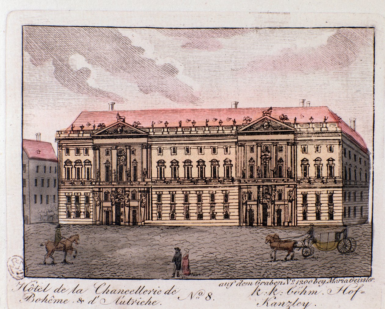 Utsikt över hotellet av kanslihuset i Boheme och Österrike i Wien, Österrike. Gravyr från 1815 privatsamling av Unknown artist