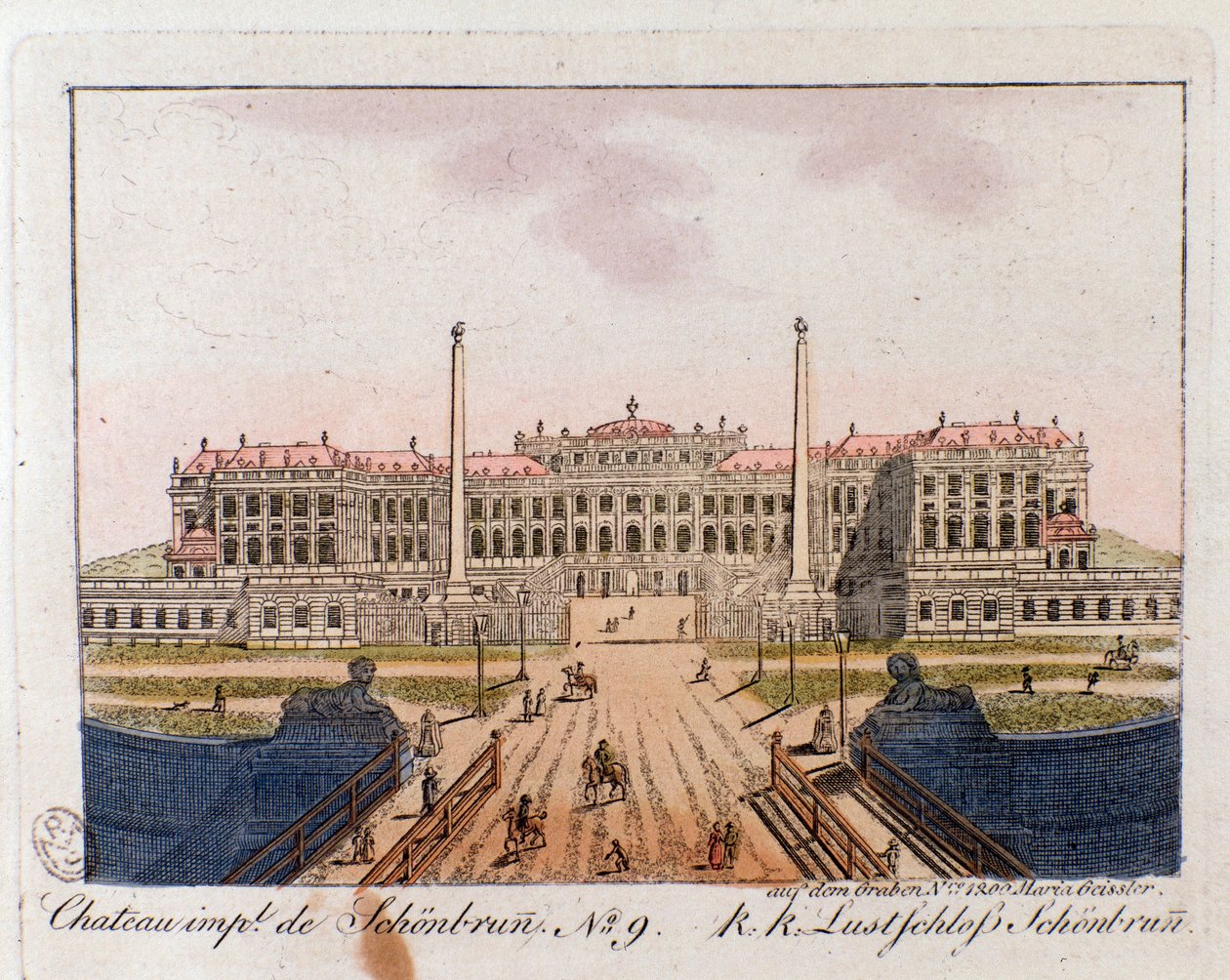 Utsikt över det kejserliga slottet Schonbrunn (Schonbrun) (1500-1600-talet) nära Wien, Österrike Gravyr av 1815 privat samling av Unknown artist