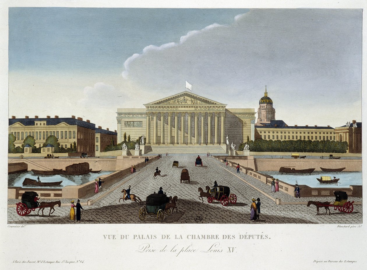 Utsikt över deputeradekammarens palats - i "" Views of Paris"" av Courvoisier av Unknown artist