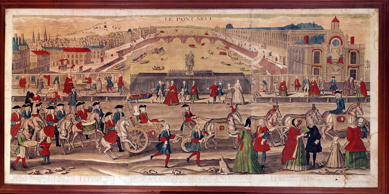 Utsikt över Pont-Neuf i Paris Du kan också se Hotel de Conty, klostret Saint Germain des Pres, College of Four Nations, Invalides, Mont du Calvaire, Quai d