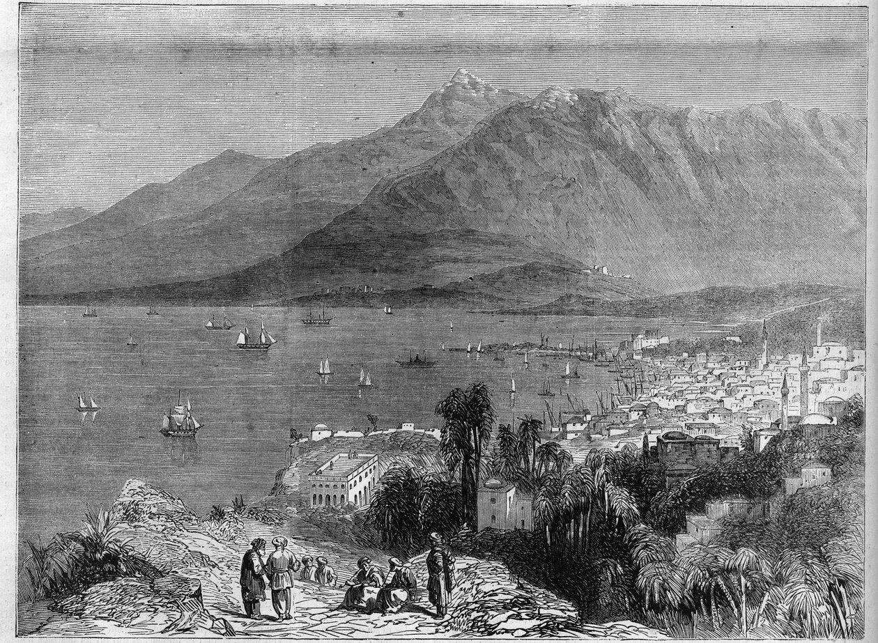 Utsikt över hamnen i Beirut och bergen i Libanon. Gravyr i "" The Illustrious Universe"" av Unknown artist