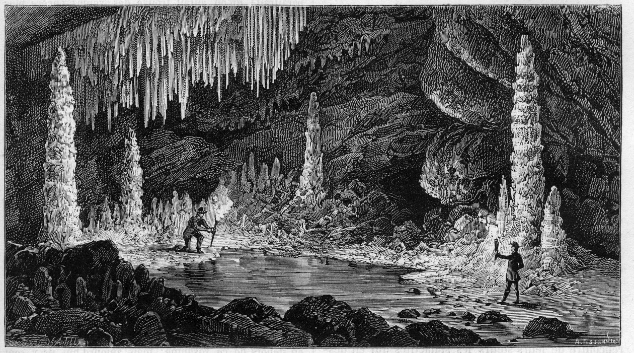 Utsikt över Reclere-grottan i Schweiz. Gravyr i "" Nature. Journal of science och dess tillämpningar på konst och industri. av Unknown artist