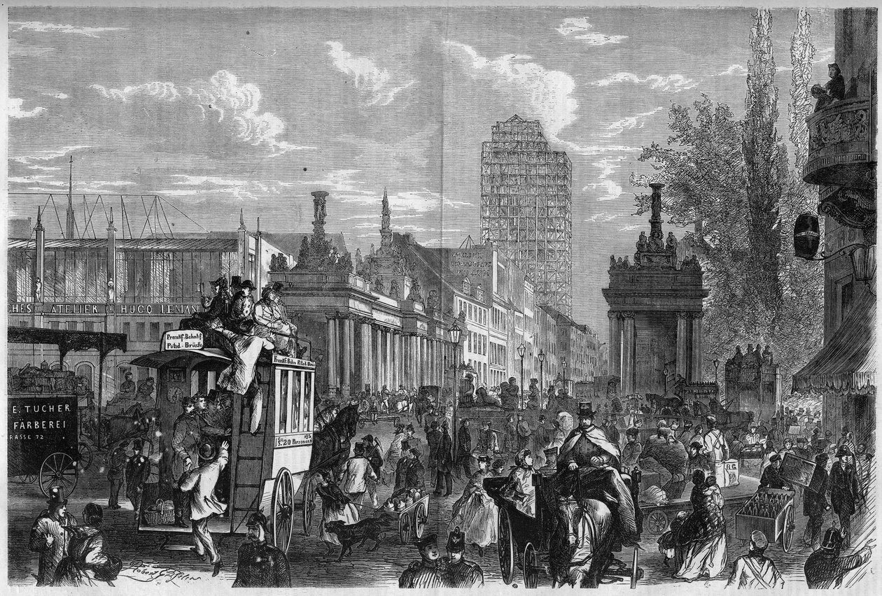 Vy över den kungliga bron i Berlin, Tyskland. Gravyr i "The Illustrous Universe" av Unknown artist