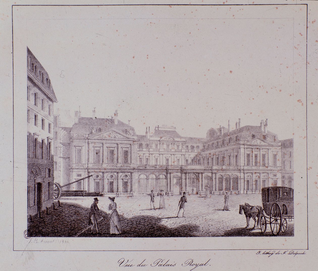 Utsikt över det kungliga palatset i Paris. Gravyr från 1820 Privat samling av Unknown artist