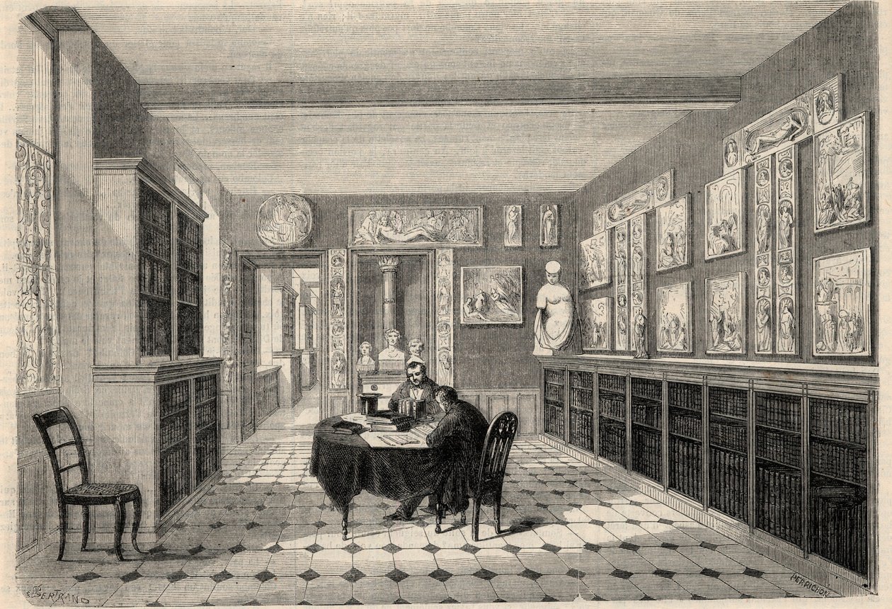 Utsikt över Victor Cousin-biblioteket vid Sorbonne-universitetet i Paris. Gravyr i "" L