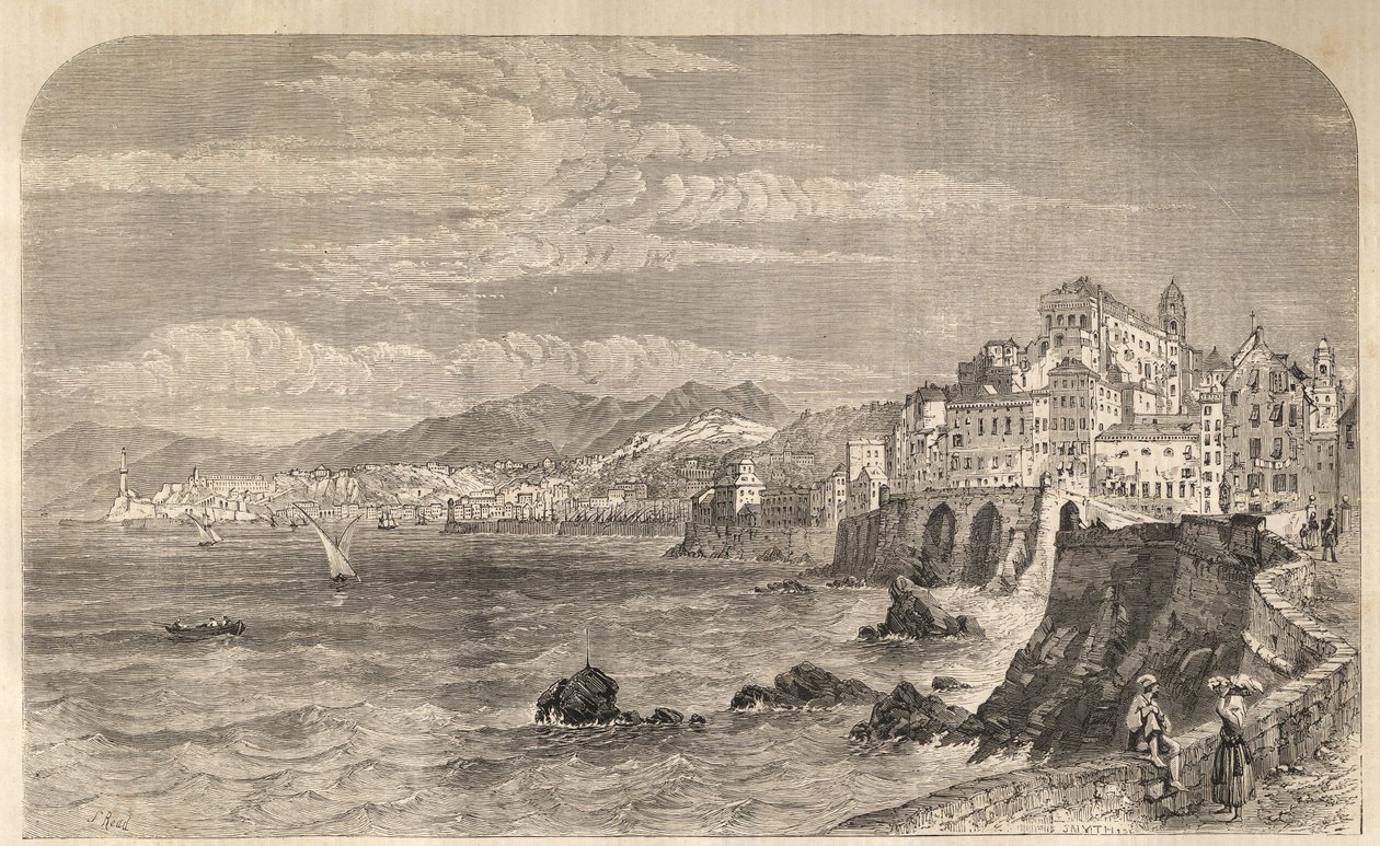 Vy över den antika hamnen i Genua - Vy över hamnen i Genes - Genova sv 1861 - Gravyr av Unknown artist