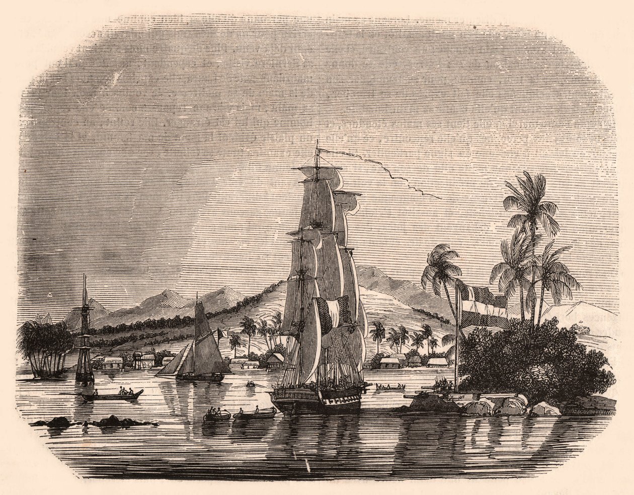 Utsikt över bukten Papeete och block Queen, Tahiti, Franska Polynesien och i förgrunden segelbåtar och båtar av Unknown