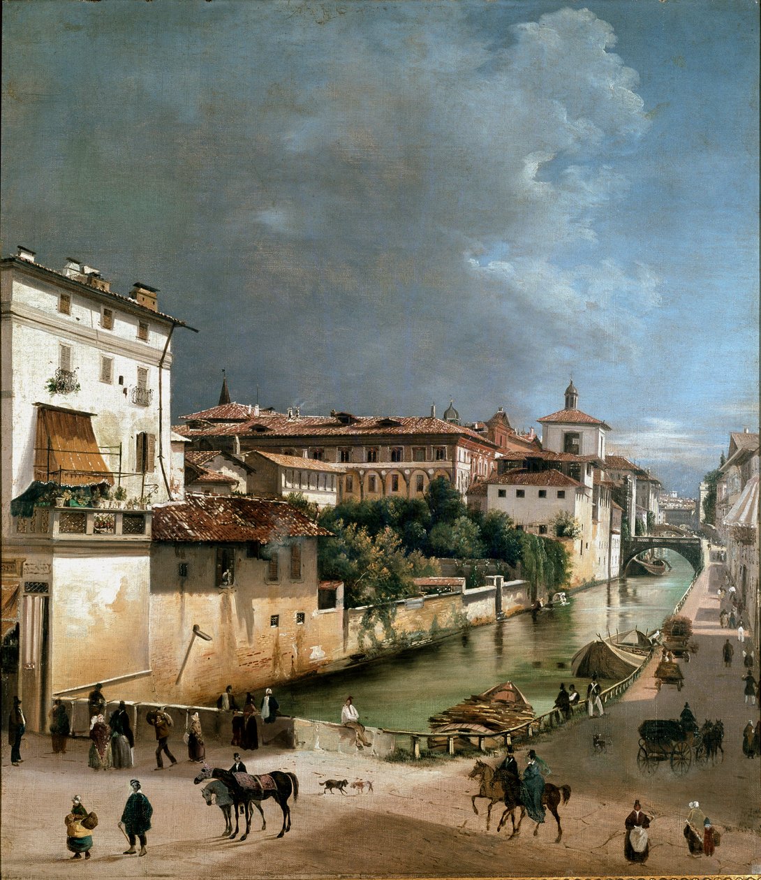 Utsikt över kanalen mellan porta romana-bron och sjukhusbron i Milano (olja på trä av Unknown artist