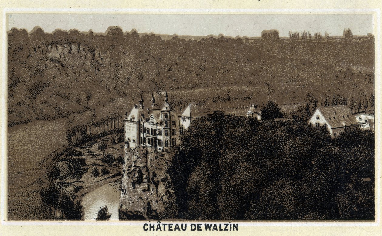 Utsikt över slottet Walzin i Vallonien (Belgien) på stranden av floden Lesse. Kromolitografi från slutet av 1800-talet. av Unknown artist