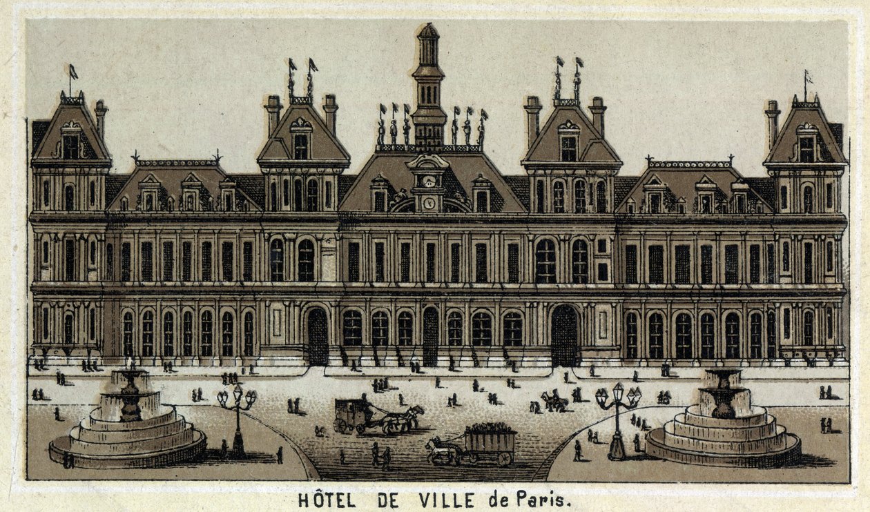 Utsikt över stadshuset i Paris och platsen. Kromolitografi från slutet av 1800-talet. av Unknown artist